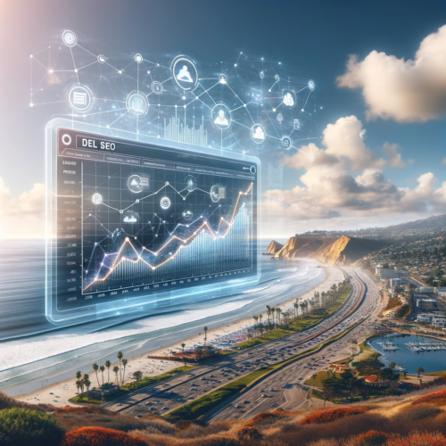 "Scenic view of Del Mar beach with a transparent computer screen displaying SEO analytics and digital network symbols in the sky."