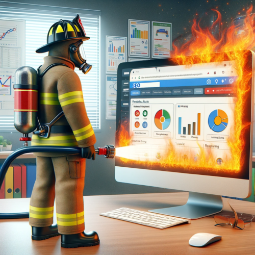 A firefighter in full gear dousing flames from a computer screen with a fire hose, representing SEO link building.